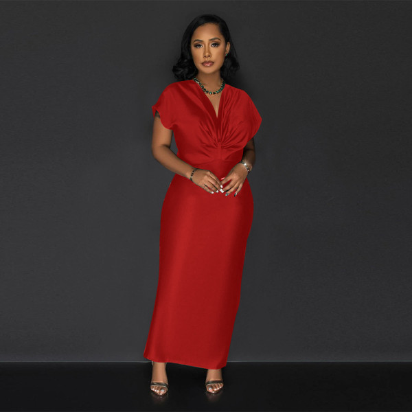 V-neck short sleeved elegant slim fit slit dress