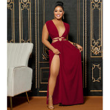 Women's solid color backless V-neck sleeveless long dress dress