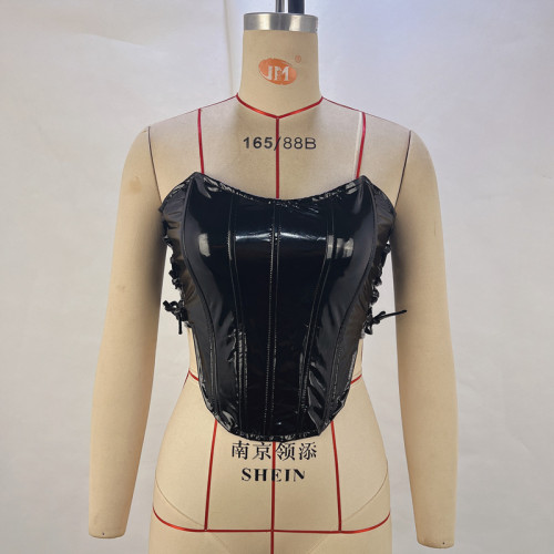 Metal strap strapless tank top with fishbone waistband small tank top