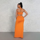 Solid color sleeveless neck tie with hollowed out high waisted dress