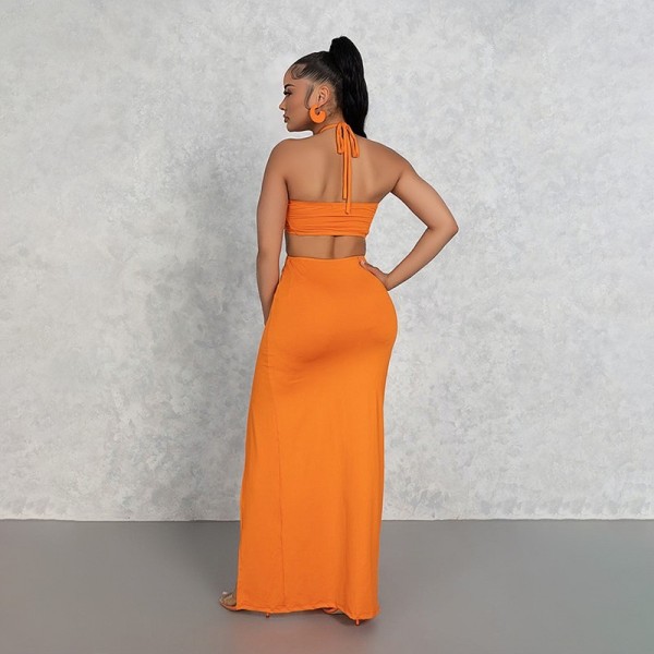 Solid color sleeveless neck tie with hollowed out high waisted dress