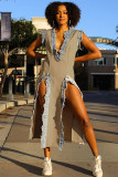 Denim combination slit deep V dress