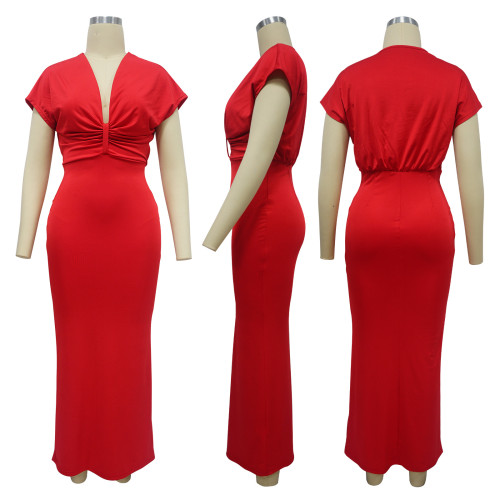 V-neck short sleeved elegant slim fit slit dress