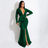 Women's solid color sexy V-neck split temperament buttocks wrapped long skirt