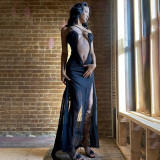 Hanging strap wooden ear edge printed loose navel exposed dress