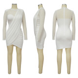 Mesh splicing and perspective patch waist cinching dress