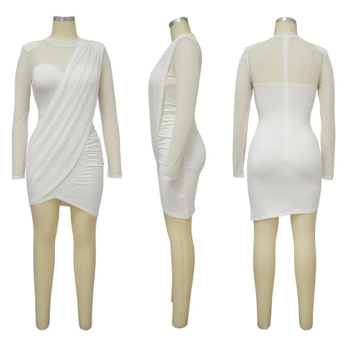 Mesh splicing and perspective patch waist cinching dress