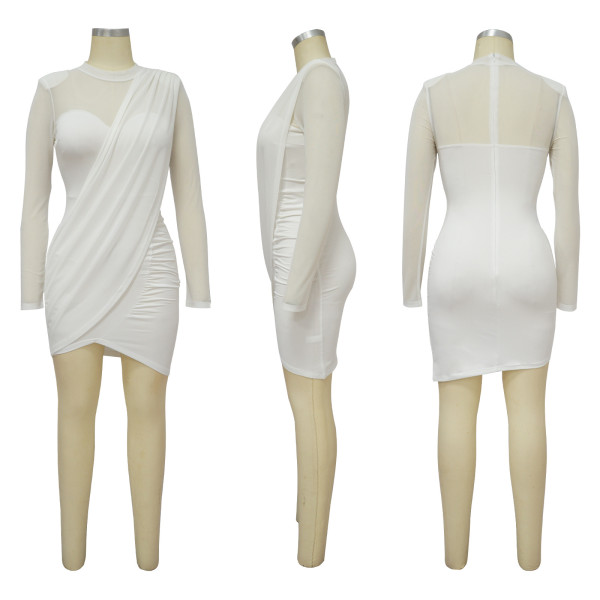Mesh splicing and perspective patch waist cinching dress
