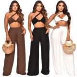 Slanted shoulder sleeveless solid color wide leg pants set