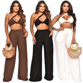 Slanted shoulder sleeveless solid color wide leg pants set