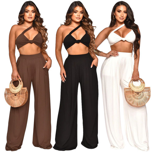 Slanted shoulder sleeveless solid color wide leg pants set