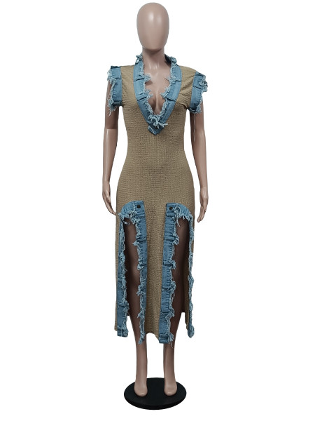 Denim combination slit deep V dress