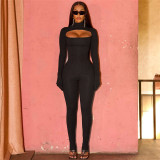 Hollow slim fit long sleeved top with high waist, tight fitting casual pants set