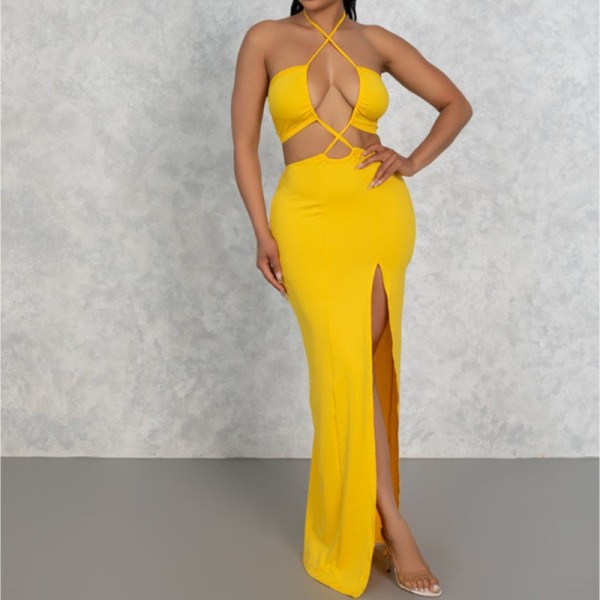 Solid color sleeveless neck tie with hollowed out high waisted dress