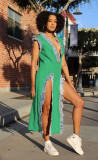 Denim combination slit deep V dress