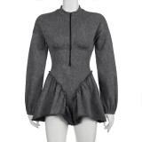 Waistband jumpsuit with half zipper splicing, washed A-line pleated jumpsuit
