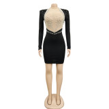 Hot Diamond Mesh Perspective Bubble Bead Backless Long sleeved Middle Skirt Dress