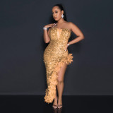 Sexy strapless high slit sequin solid color dress
