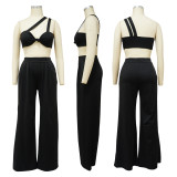 Slanted shoulder sleeveless solid color wide leg pants set