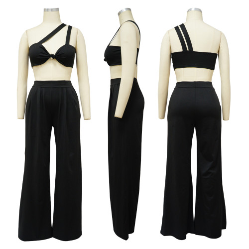 Slanted shoulder sleeveless solid color wide leg pants set
