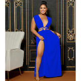 Women's solid color backless V-neck sleeveless long dress dress