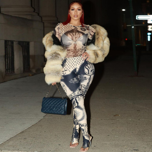 Mesh perspective printed slim fit top, high waisted casual pants set