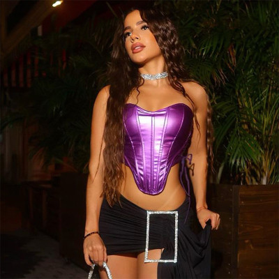 Metal strap strapless tank top with fishbone waistband small tank top