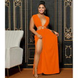 Women's solid color backless V-neck sleeveless long dress dress