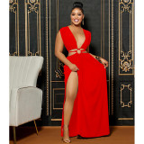 Women's solid color backless V-neck sleeveless long dress dress