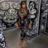 Printed long sleeved buttocks wrapped slim fit jumpsuit casual leggings