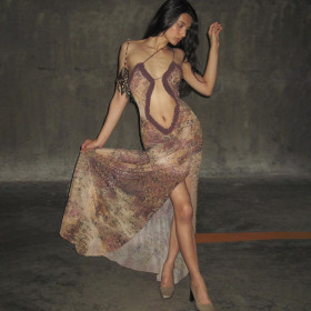 Hanging strap wooden ear edge printed loose navel exposed dress