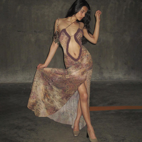 Hanging strap wooden ear edge printed loose navel exposed dress