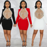 Hot Diamond Mesh Perspective Bubble Bead Backless Long sleeved Middle Skirt Dress