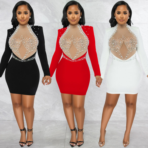 Hot Diamond Mesh Perspective Bubble Bead Backless Long sleeved Middle Skirt Dress