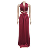 Women's solid color backless V-neck sleeveless long dress dress