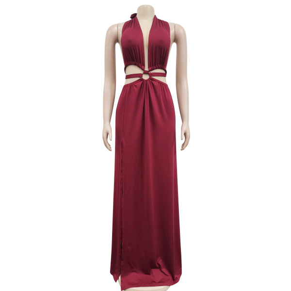 Women's solid color backless V-neck sleeveless long dress dress