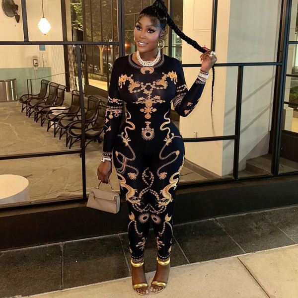 Printed long sleeved buttocks wrapped slim fit jumpsuit casual leggings