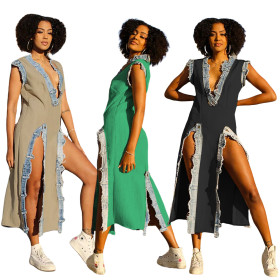 Denim combination slit deep V dress