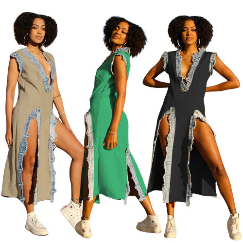 Denim combination slit deep V dress