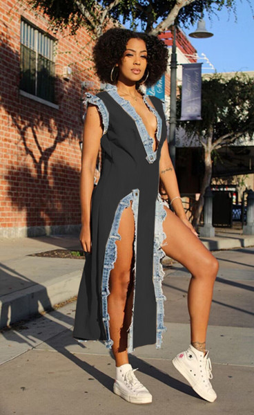 Denim combination slit deep V dress