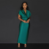 V-neck short sleeved elegant slim fit slit dress