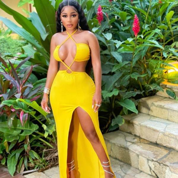 Solid color sleeveless neck tie with hollowed out high waisted dress
