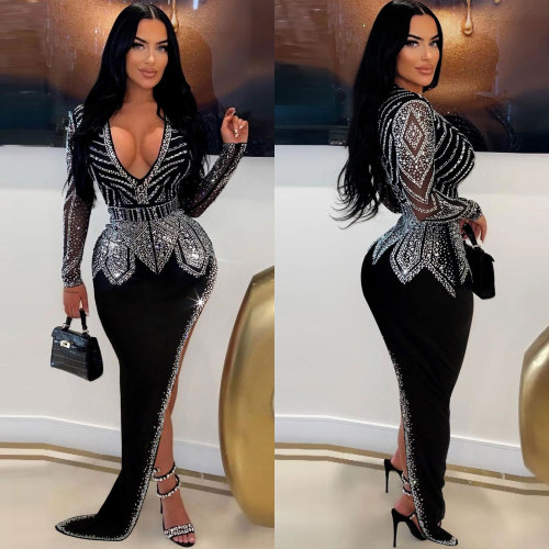 Hip wrap slanted edge hot diamond elastic slim fit V-neck dress