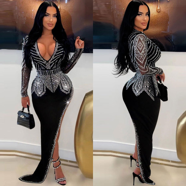 Hip wrap slanted edge hot diamond elastic slim fit V-neck dress