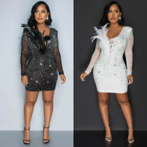 Hot Diamond Perspective Mesh Spliced V-neck Feather Elastic Slim Fit Dress