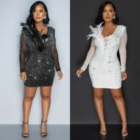 Hot Diamond Perspective Mesh Spliced V-neck Feather Elastic Slim Fit Dress
