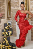 Beaded single shoulder mesh patchwork irregular dress
