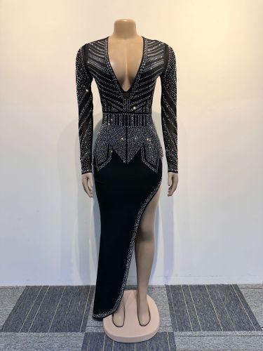 Hip wrap slanted edge hot diamond elastic slim fit V-neck dress