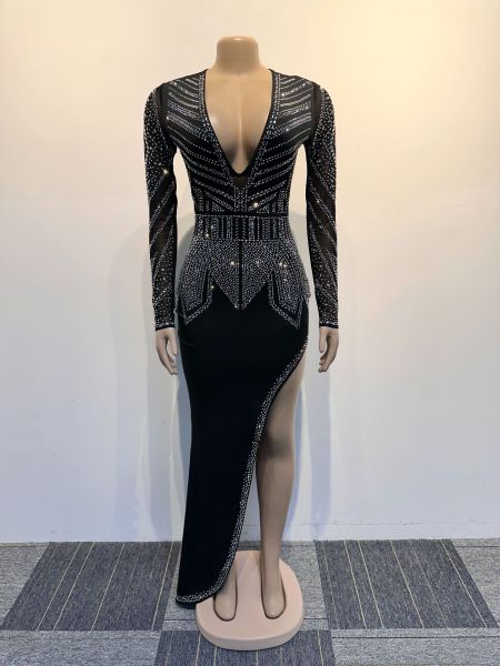 Hip wrap slanted edge hot diamond elastic slim fit V-neck dress