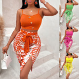 Printed waist tied sleeveless slim fitting trendy skirt set
